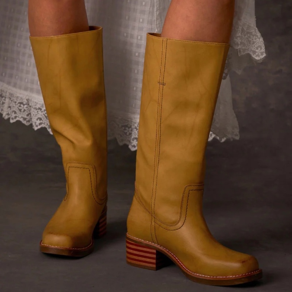 FRYE & CO MIRANDA 14 VEGAN ANTIQUED LEATHER CAMPUS BANANA KNEE HIGH TALL BOOT - Picture 4 of 16